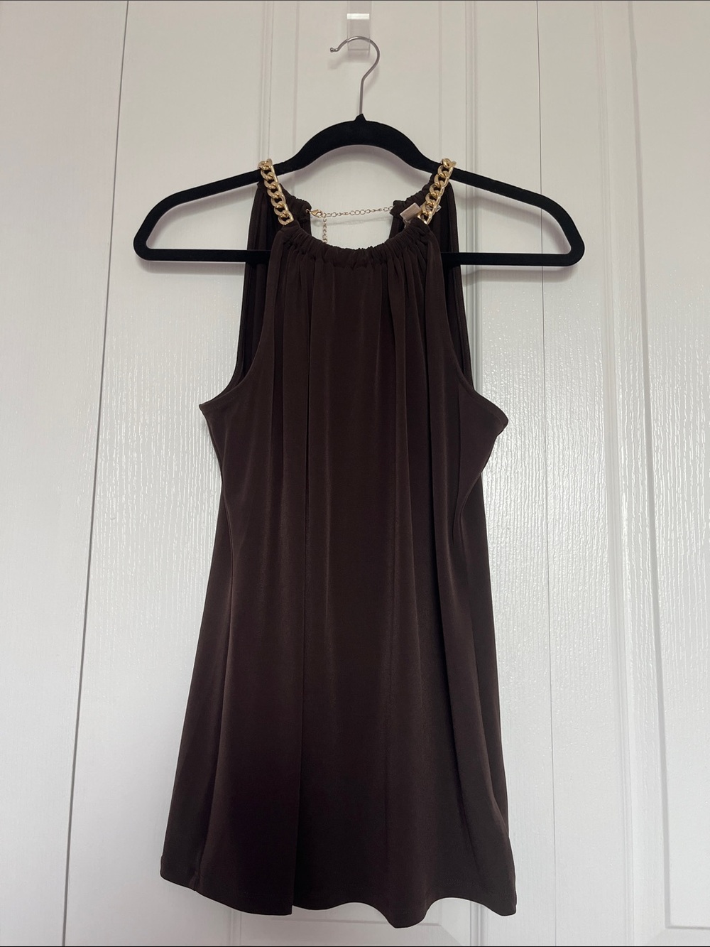 Michael Kors Dark Brown Halter Top with Gold Chain Straps